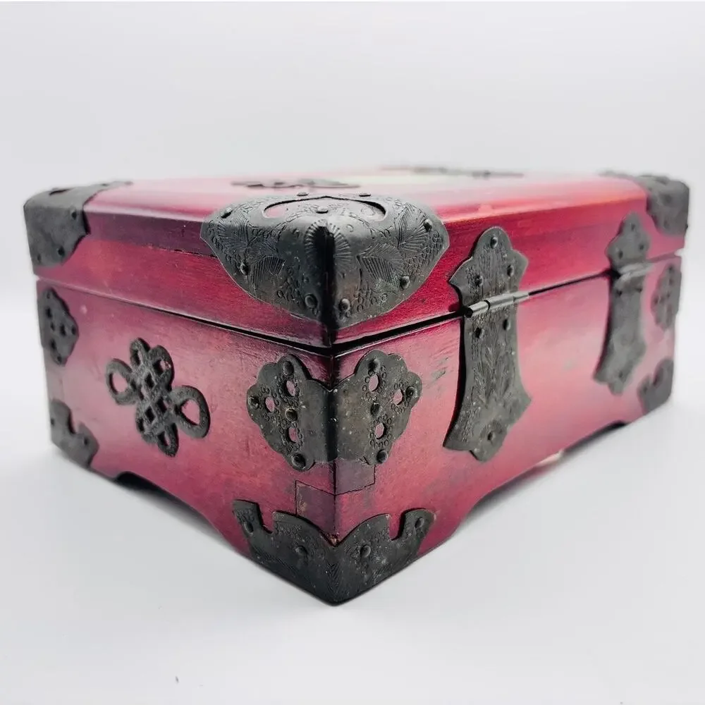 Chinese Hangzhou Wood Jewelry Box Carved Green Stone Metal Hardware